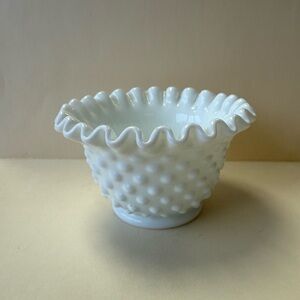 Vintage White Hobnail Milk Glass Crimped Ruffled Edge Open Sugar Bowl.